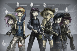 Size: 1600x1051 | Tagged: safe, artist:slawomiro, applejack, fluttershy, pinkie pie, rainbow dash, rarity, twilight sparkle, human, g4, axe, backpack, bandaid, bandaid on nose, berserker, blood, boots, bubblegum, clothes, commando, cowboy hat, cowgirl, crossbow, crossover, denim shorts, determined, fingerless gloves, firebug, flamethrower, fn scar, gloves, grenade launcher, group, gun, hand on hip, hat, helmet, hoodie, human coloration, humanized, jeans, jersey, jumper, killing floor, m79, mane six, medic, multicolored hair, no trigger discipline, pants, party cannon, pink eyes, pink hair, rainbow hair, serious, sharpshooter, shirt, shoes, shorts, socks, submachinegun, tank top, timid, tongue out, too dumb to live, weapon