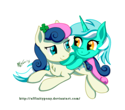 Size: 552x486 | Tagged: safe, artist:affinityshy, bon bon, lyra heartstrings, sweetie drops, earth pony, pony, unicorn, g4, cheek fluff, chest fluff, clover, duo, female, four leaf clover, lesbian, ship:lyrabon, shipping