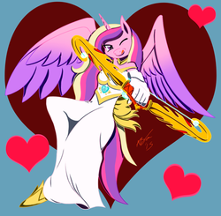 Size: 550x540 | Tagged: safe, artist:affinityshy, princess cadance, anthro, g4, archery, arrow, bow (weapon), bow and arrow, female, heart, solo, tongue out, weapon