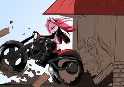 Size: 850x600 | Tagged: safe, artist:pk4g, applejack, pinkie pie, g4, angry, arm hooves, badass, biker, motorcycle, pinkamena diane pie, punkamena