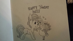 Size: 1280x720 | Tagged: safe, artist:tjpones, oc, oc only, oc:brownie bun, oc:gobbles, earth pony, pony, turkey, horse wife, duo, ear fluff, female, grayscale, heart, mare, monochrome, thanksgiving, traditional art