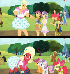 Size: 1532x1635 | Tagged: safe, artist:didj, edit, edited screencap, screencap, apple bloom, big macintosh, bon bon, cherry cola, cherry fizzy, lyra heartstrings, meadow song, scootaloo, sweetie belle, sweetie drops, earth pony, human, pegasus, pony, unicorn, my little mages, brotherhooves social, g4, bloomers, clothes, crossdressing, cutie mark crusaders, discovery family, discovery family logo, drag, dress, female, filly, foal, humanized, lipstick, logo, male, mare, muscles, muscular male, orchard blossom, scene interpretation, stallion, wig