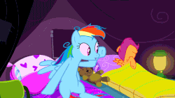 Size: 800x450 | Tagged: safe, screencap, rainbow dash, scootaloo, g4, sleepless in ponyville, abuse, animated, child abuse, context is for the weak, female, foal abuse, loop, out of context, punch, rainbow douche, rainbow punch, scootabuse, sleeping bag, teddy bear, tent