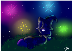 Size: 544x394 | Tagged: safe, artist:spittypie1011, trixie, pony, unicorn, g4, female, fireworks, grass, lidded eyes, looking up, mare, night, on side, smiling, solo, stars