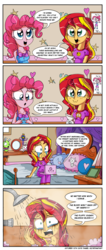 Size: 1000x2355 | Tagged: safe, artist:daniel-sg, pinkie pie, sunset shimmer, human, equestria girls, g4, 4koma, :3, accidental cannibalism, azumanga daioh, chuck (panty and stocking with garterbelt), clothes, comic, crossing the line twice, crying, dark comedy, ghostbusters, hammer and sickle, implied cannibalism, marshmallow, pajamas, panty and stocking with garterbelt, running makeup, shower, shower of angst, star vs the forces of evil, stay puft marshmallow man, wand, watchmen, wide eyes