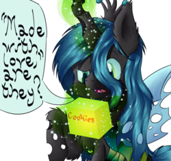 Size: 1903x1795 | Tagged: safe, artist:tricolor42, queen chrysalis, changeling, changeling queen, g4, box, cookie, cute, cutealis, ear fluff, female, fluffy, magic, solo