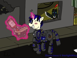 Size: 1600x1200 | Tagged: safe, artist:sondy, oc, oc only, oc:charm laces, oc:rainy day, fallout equestria, drinking, power armor