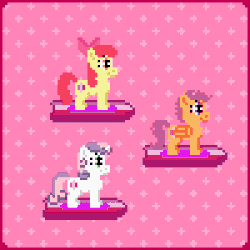 Size: 400x400 | Tagged: safe, artist:zztfox, apple bloom, scootaloo, sweetie belle, crusaders of the lost mark, g4, animated, cutie mark, cutie mark crusaders, female, hoverboard, pixel art, the cmc's cutie marks