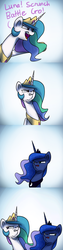 Size: 1200x4800 | Tagged: safe, artist:anticular, princess celestia, princess luna, alicorn, pony, ask sunshine and moonbeams, g4, animated in description, arin hanson face, comic, derp, dialogue, double chin, duo, duo female, faic, female, mare, open mouth, scrunchy face, seizure warning in description, siblings, sisters