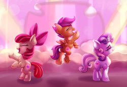 Size: 3000x2066 | Tagged: safe, artist:discorded, apple bloom, scootaloo, sweetie belle, earth pony, pegasus, pony, unicorn, crusaders of the lost mark, g4, chest fluff, cutie mark, cutie mark crusaders, eyes closed, female, filly, fluffy, foal, high res, it happened, jumping, open mouth, open smile, rearing, smiling, spread wings, the cmc's cutie marks, trio, wings
