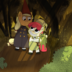 Size: 3500x3500 | Tagged: safe, artist:davierocket, apple bloom, applejack, toad, g4, clothes, costume, crossover, forest, gregory, hat, high res, over the garden wall, tree, wirt