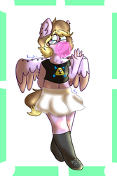 Size: 4000x6000 | Tagged: safe, artist:doodle-stroodle, oc, oc only, anthro, belly button, belly piercing, bellyring, bill cipher, bubblegum, clothes, glasses, gravity falls, male, midriff, piercing, skirt, solo