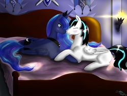 Size: 2048x1556 | Tagged: safe, artist:lightningdasher, princess luna, oc, oc:lightning dasher, g4, bed, bedroom, canon x oc, holding hooves, love, lying, lying down, nuzzling, romantic, royalty, shipping