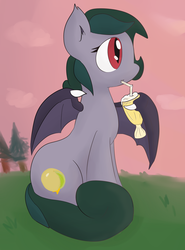 Size: 1513x2048 | Tagged: safe, artist:candel, oc, oc only, oc:milkshake honeymoon, bat pony, pony, cute, milkshake, sitting, solo, sunrise