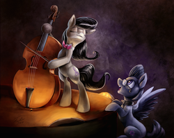 Size: 900x715 | Tagged: safe, artist:tsitra360, octavia melody, oc, oc:soda pop, pegasus, pony, g4, bipedal, cello, commission, eyes closed, glasses, musical instrument, open mouth