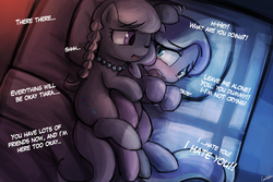 Size: 1125x750 | Tagged: safe, artist:lumineko, diamond tiara, silver spoon, earth pony, pony, crusaders of the lost mark, g4, bed, comforting, crying, cuddling, denial, dialogue, diamond tsundiara, duo, female, filly, lesbian, open mouth, ship:silvertiara, shipping, silver spooning, spooning, tsundere