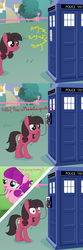 Size: 590x1771 | Tagged: safe, artist:lightf4lls, artist:rioumcdohl26, lily longsocks, oc, oc:macdolia, earth pony, pony, crusaders of the lost mark, g4, comic, doctor who, female, filly, implied doctor whooves, ninth doctor, pigtails, ponyville, tardis, the empty child