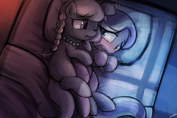 Size: 1125x750 | Tagged: safe, artist:lumineko, diamond tiara, silver spoon, earth pony, pony, crusaders of the lost mark, g4, bed, blushing, crying, cuddling, diamond tsundiara, duo, female, filly, friendshipping, jewelry, lesbian, looking at each other, necklace, one eye closed, open mouth, pearl necklace, shaking, ship:silvertiara, shipping, silver spooning, spooning