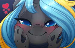 Size: 5100x3300 | Tagged: safe, artist:starshinebeast, oc, oc only, oc:echo, changeling, :i, bedroom eyes, blushing, close-up, colored pupils, cute, cuteling, equestria2101, female, heart, hooves, looking at you, love, smiling, solo, squishy cheeks, stare