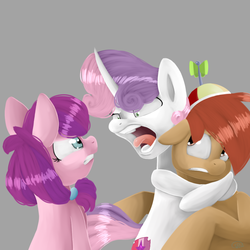Size: 1000x1000 | Tagged: safe, artist:chibadeer, button mash, lily longsocks, sweetie belle, crusaders of the lost mark, g4, angry, cutie mark, descriptive noise, female, horse noises, jealous, lilymash, liquid button, love triangle, male, ship:sweetiemash, shipping, shipping war, straight, the cmc's cutie marks, this will end in tears, this will end in tears and/or death, trio, worried, yandere