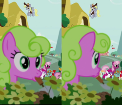 Size: 614x530 | Tagged: safe, cheerilee, daisy, derpy hooves, flower wishes, little red, peach fuzz, snails, snips, sweetie belle, twist, pegasus, pony, crusaders of the lost mark, g4, female, mare, mouth hold, trowel
