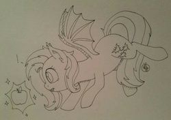 Size: 1280x901 | Tagged: safe, artist:notenoughapples, fluttershy, bat pony, pony, g4, apple, exclamation point, female, flutterbat, flying, monochrome, solo, traditional art