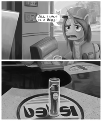 Size: 1056x1245 | Tagged: safe, artist:unsavorydom, oc, oc only, oc:gloomy, back to the future, bebsi, clothes, comic, diner, grayscale, marty mcfly, mlpgdraws, monochrome, parody, pepsi, pepsi perfect, soda, solo, vest