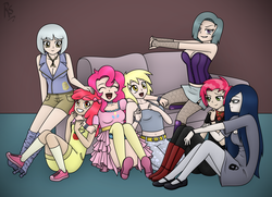 Size: 2544x1846 | Tagged: safe, artist:reitanna-seishin, apple bloom, babs seed, derpy hooves, limestone pie, marble pie, pinkie pie, oc, oc:minkie pie, human, fanfic:muffins, g4, anime, belly button, boots, cleavage, clothes, corset, dress, fanfic art, female, grey dress, high heels, humanized, mary janes, midriff, obsidian pie, pantyhose, pink dress, shorts, skirt, stockings, tank top