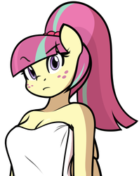 Size: 1627x2056 | Tagged: safe, artist:furrgroup, sour sweet, pegasus, anthro, equestria girls, g4, my little pony equestria girls: friendship games, breasts, busty sour sweet, cleavage, equestria girls ponified, female, folded wings, freckles, frown, hairband, looking at you, naked towel, ponified, raised eyebrow, simple background, solo, towel, unamused, white background