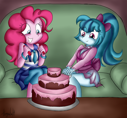 Size: 1024x948 | Tagged: safe, artist:queentigrel, pinkie pie, sonata dusk, equestria girls, g4, cake, candle, clothes, couch, duo, hair bow, see-through, sleeping pills