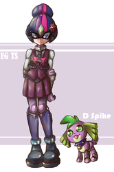 Size: 1316x1985 | Tagged: safe, artist:thegreatrouge, sci-twi, spike, spike the regular dog, twilight sparkle, dog, gynoid, robot, equestria girls, g4, my little pony equestria girls: friendship games, clothes, crossover, crystal prep academy uniform, female, mega man (series), megaman zero, reploid, school uniform, style emulation