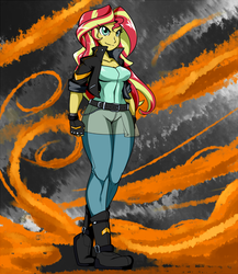 Size: 1040x1200 | Tagged: safe, artist:reiduran, sunset shimmer, human, equestria girls, g4, badass, badass shimmer, boots, clothes, cosplay, costume, female, fiery shimmer, fingerless gloves, gloves, jacket, king of fighters, kyo kusanagi, pants, pyromancy, smiling, solo
