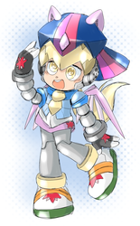 Size: 1316x2116 | Tagged: safe, artist:thegreatrouge, derpy hooves, twilight sparkle, robot, g4, scare master, alicorn costume, clothes, costume, crossover, fake horn, fake wings, female, humanized, mega man (series), megaman x, mighty no.9, nightmare night costume, solo, toilet paper roll, toilet paper roll horn, twilight muffins, twilight sparkle (alicorn), wig