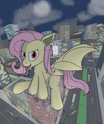 Size: 1665x1983 | Tagged: safe, artist:rapidstrike, part of a set, fluttershy, bat pony, pony, vampire, series:giant flutterbat, g4, city, destruction, fangs, female, flutterbat, giant pony, kitchen eyes, looking at you, macro, night sky, open mouth, part of a series, red eyes, sitting, solo, spread wings, tongue out