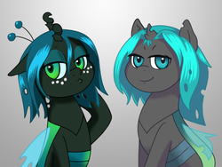 Size: 758x569 | Tagged: safe, artist:syggie, queen chrysalis, oc, oc:sketchy, changeling, nymph, ask the changeling princess, g4, cute, cutealis, female, filly, filly queen chrysalis, foal, gradient background, princess chrysalis, style emulation, younger