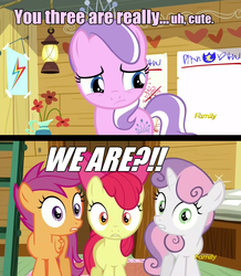 Size: 960x1100 | Tagged: safe, edit, edited screencap, screencap, apple bloom, diamond tiara, scootaloo, sweetie belle, crusaders of the lost mark, g4, clubhouse, crusaders clubhouse, cutie mark crusaders, image macro, meme, surprised, wide eyes