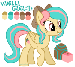 Size: 2754x2472 | Tagged: safe, artist:matteglaze, oc, oc only, oc:vanilla ganache, pegasus, pony, bow, cute, cutie mark, freckles, grin, hair bow, high res, raised hoof, reference sheet, solo