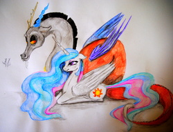 Size: 3320x2536 | Tagged: safe, artist:spacesheep-art, discord, princess celestia, g4, female, high res, male, ship:dislestia, shipping, straight, traditional art