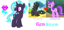 Size: 869x406 | Tagged: safe, artist:purpleloverpony, amethyst star, sparkler, thunderlane, oc, oc:gem storm, pegasus, pony, unicorn, g4, female, male, mare, offspring, parent:amethyst star, parent:thunderlane, parents:amethystlane, ship:amethystlane, shipping, stallion, straight