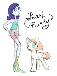 Size: 750x1000 | Tagged: safe, artist:sannykat, rarity, gem (race), pony, unicorn, g4, crossover, cutie mark, diamond, diamond and pearl, duo, duo female, female, gem, gemsona, hand on hip, mare, pearl, pearl (steven universe), ponified, shapeshifting, simple background, smiling, species swap, steven universe, white background