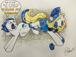 Size: 650x488 | Tagged: source needed, safe, artist:andypriceart, oc, oc only, oc:crystal wishes, oc:silent knight, annoyed, armor, chase, excited, fanfic art, female, fun, horn, horn ring, male, offspring, offspring shipping, open mouth, parent:jet set, parent:upper crust, parents:upperset, ring, shipping, silentwishes, smiling, speech bubble, straight, talking, yelling