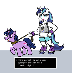 Size: 980x1000 | Tagged: safe, artist:jargon scott, shining armor, twilight sparkle, anthro, unguligrade anthro, g4, anthro with ponies, creepy shield, cute, dusk shine, duskabetes, fluffy, gleamibetes, gleaming shield, quote, reference, rule 63, rule63betes, shining adorable, undertale
