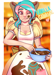 Size: 688x954 | Tagged: safe, artist:alvrexadpot, oc, oc only, oc:vanilla ganache, human, apron, bow, bowl, chocolate, clothes, dress, hair bow, humanized, mess, mixing bowl, solo, winged humanization