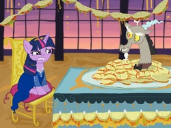 Size: 1024x768 | Tagged: safe, artist:cobralash, discord, twilight sparkle, g4, ballroom, canterlot ballroom, chair, cheese, clothes, discord being discord, dress, fanfic, fanfic art, quesadilla, scared, sitting, table, they're just so cheesy, window