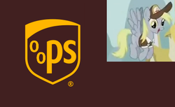 Size: 408x250 | Tagged: safe, derpy hooves, pegasus, pony, crusaders of the lost mark, g4, clothes, delivery pony, female, logo parody, mailmare, mare, oops my bad, solo, uniform, united parcel service, ups