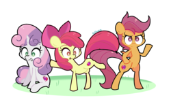 Size: 2500x1500 | Tagged: safe, artist:turtlefarminguy, apple bloom, scootaloo, sweetie belle, earth pony, pegasus, pony, unicorn, crusaders of the lost mark, g4, bipedal, cutie mark, cutie mark crusaders, female, filly, open mouth, raised hoof, raised leg, simple background, sitting, the cmc's cutie marks, transparent background