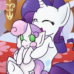 Size: 500x500 | Tagged: safe, artist:wisheslotus, rarity, sweetie belle, pony, unicorn, g4, bed, cuddling, cute, duo, eyes closed, female, filly, hug, mare, pillow, sisters, smiling, snuggling, underhoof