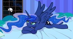Size: 8422x4580 | Tagged: safe, artist:sagegami, princess luna, alicorn, pony, g4, absurd resolution, bed, female, lying down, moon, pillow, solo, vector, wingboner