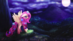 Size: 1100x616 | Tagged: safe, artist:macalaniaa, fluttershy, g4, beautiful, female, flower, flower in hair, moon, night, solo