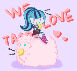 Size: 518x479 | Tagged: safe, artist:doum-hentai, artist:doumsnow, sonata dusk, oc, oc:fluffle puff, equestria girls, g4, :t, blushing, duo, eating, heart, mouth hold, nom, riding, sonata dusk riding fluffle puff, sonataco, sonatapuff, taco, taco sistas, that girl sure loves tacos, that siren sure does love tacos